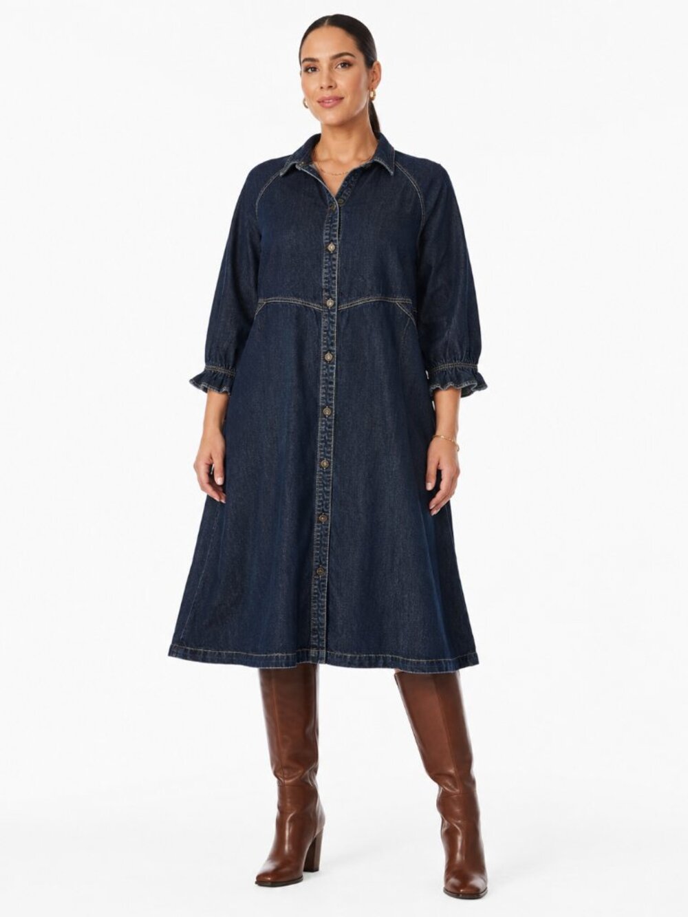 Denim 24/7 Dark Wash Button Front Midi Shirt Dress Ruffle Sleeve Western SZ 18W